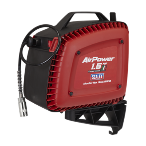 SEALEY WALL MOUNTING OIL FREE AIR COMPRESSOR 1.5HP WITH 7M RETRACTABLE HOSE REEL
