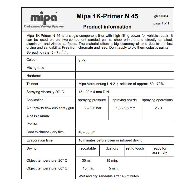 MIPA 1K CELLULOSE PRIMER N45 (1 LITRE) 2