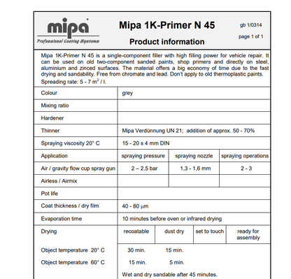 MIPA 1K CELLULOSE PRIMER N45 (1 LITRE) 2